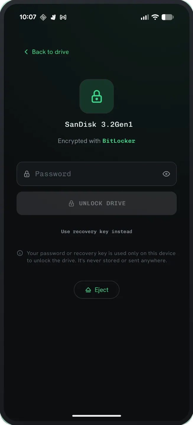 Unlocking a BitLocker To Go encrypted USB drive with a password in NTFS Reader.