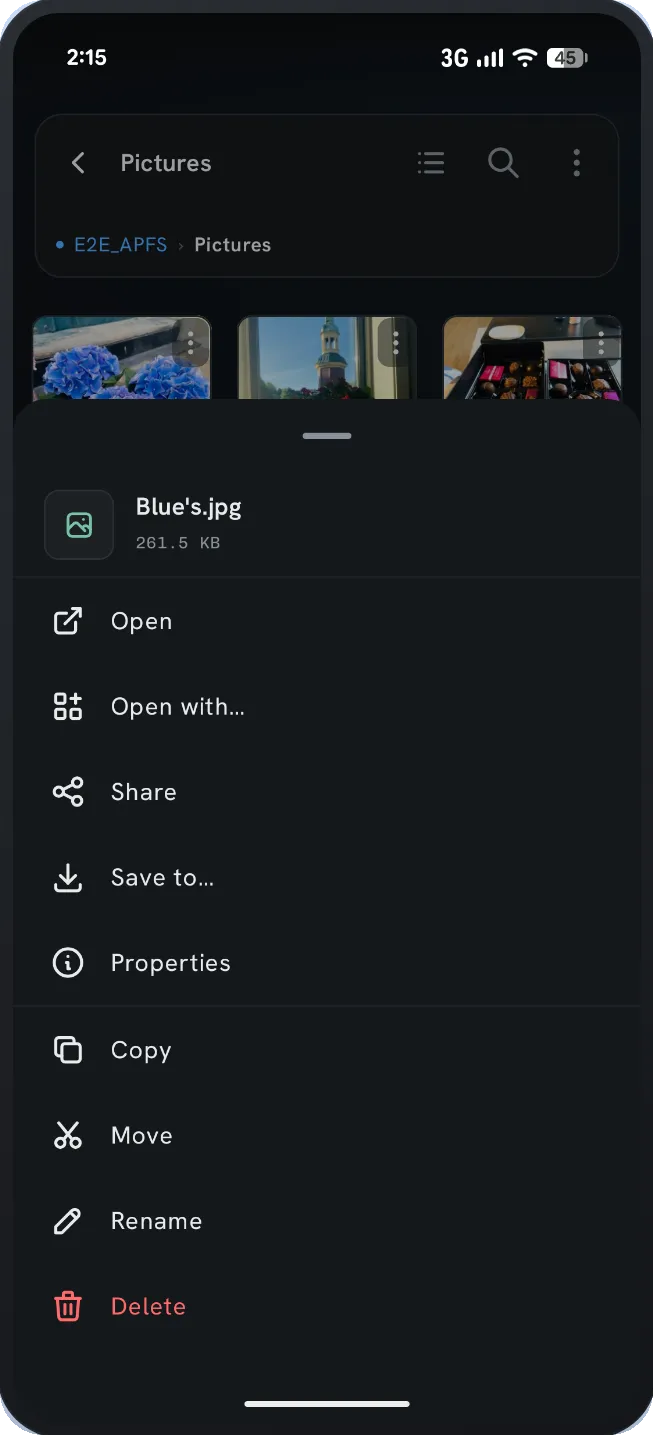 Sharing a file from a Mac drive to another Android app via the system share sheet.
